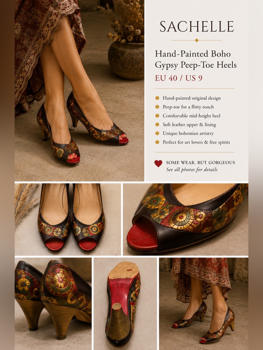 Sachelle Hand-Painted Boho Gypsy Peep-Toe Heels EU 40 / US 9 Unique Art-to-Wear